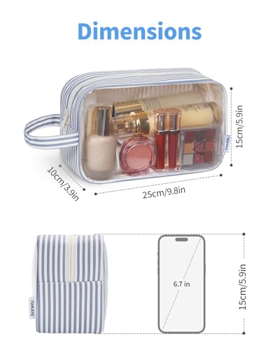 Narwey Clear Toiletry Bags for Traveling Women Men, Clear Travel Bags for Toiletries Makeup Bag Cosmetic Bag with Zipper, Make Up Organizer, Skincare Bag (Greyish Blue Stripe) - color: YB-Greyish Blue Stripe