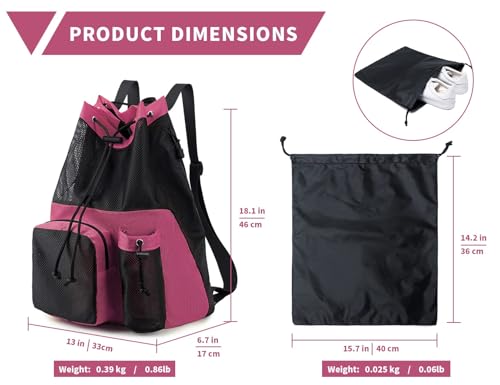 Lohol Large Mesh Drawstring Backpack with Shoe Bag, Durable Swimming String Sack with Handle for Sports Gym Yoga Beach Travel - color: Pink