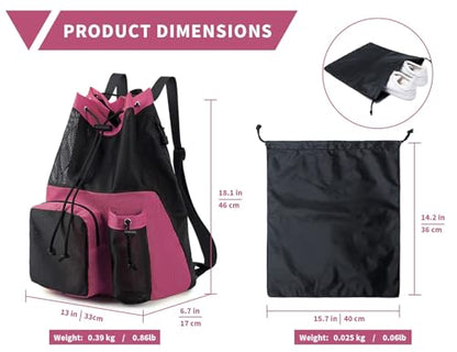 Lohol Large Mesh Drawstring Backpack with Shoe Bag, Durable Swimming String Sack with Handle for Sports Gym Yoga Beach Travel - color: Pink
