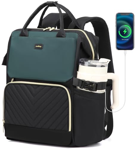 Computer Backpack for Women, Work Bag Laptop Bookbag with Cup Holder & USB Charger for Teacher Nurse College Travel Back Pack, Gifts, Black DarkGreen - color: Black Darkgreen, size: 15.6in