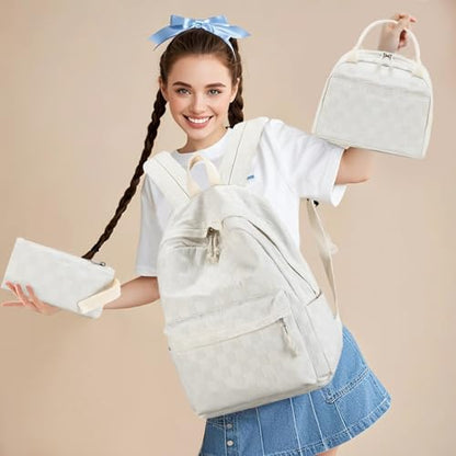 LEDAOU Kids Backpack for Girls Backpacks with Lunch Box, Lightweight Bookbag Set Elementary Middle School Back pack for 8-14 - color: Beige Checkered