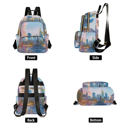 YETTASBIN Fashion Quilted Mini Backpack for Women & Girls - City Scenery Lightweight Casual Travel Daypack, M(14L) - size: Medium