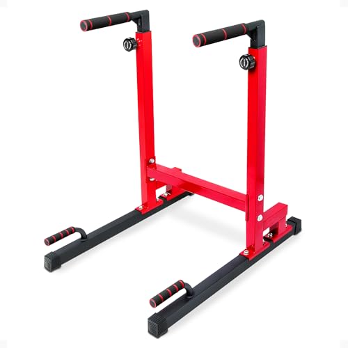 BalanceFrom Steel Frame Dip Station with Adjustable Height, 500 Pound Weight Capacity – Upper Body Workout Home Gym Equipment for Triceps, Push & Pull Ups, Leg Raises, and Bench Press - color: Red