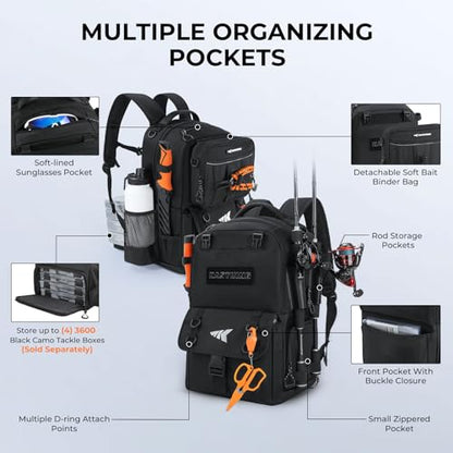 KastKing BaitSpace Fishing Tackle Backpack with Removable Bait Binder,2 Rod Holders Storage Fishing Gear and Equipment - color: A: Black (With (4) 3600 tackle boxes)