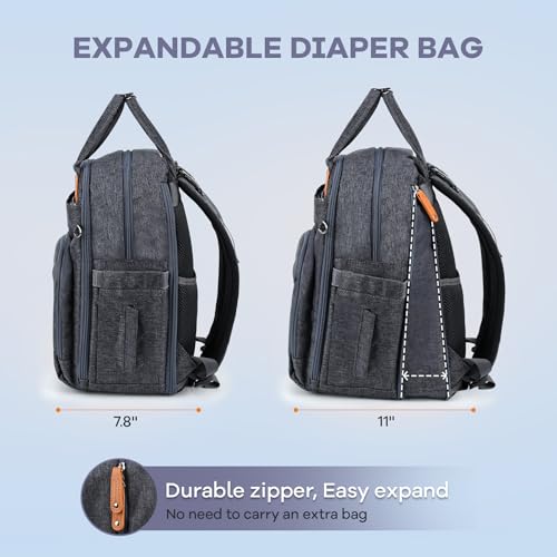RUVALINO Diaper Bag Backpack-Expandable Baby Bag with up to 50% Capacity -Baby Essentials Bag with Changing Pad Insulated Bottle Holders & Pacifier Case, Waterproof, Dark Gray XL - color: Dark Gray
