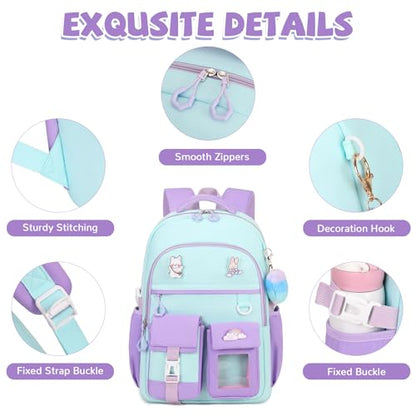 Girls Backpack, Lightweight Kids Backpack Kawaii School Backpacks Bookbag for Primary Elementary School,Age 6-14 years,Black Match Purple (Luggage Strap Ver) - color: 1pc-green & Purple(luggage Strap Ver)