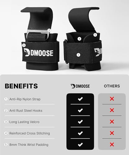 DMoose Fitness Weight Lifting Hooks (Pair) for Deadlifts, Pull Ups, Rows & Shrugs - Anti-Rip Nylon Strap Hand Grips with Thick Wrist Padding - Heavy Duty Wrist Straps for Weightlifting & Gym Workouts - color: Black