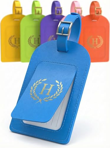 Luggage Tags for Suitcases 6 Pack PU Leather Travel Bag Tags with Privacy Cover & Stainless Steel Buckle, Vegan Leather Name ID Labels for Travel Bags, Cruise, Airline, Backpack, Baggage Identifier(H) - style: H