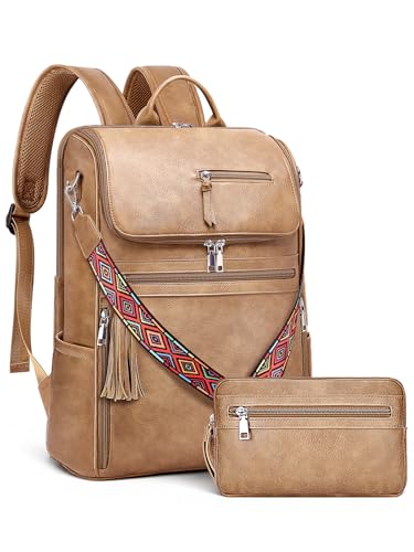 SYTRAH Leather Laptop Backpack for Women Designer Laptop Bag, 16.5 inch Travel Computer Backpacks Purse with Tassel for Work Business with Satchel Purse Camel Brown - color: Camel Brown