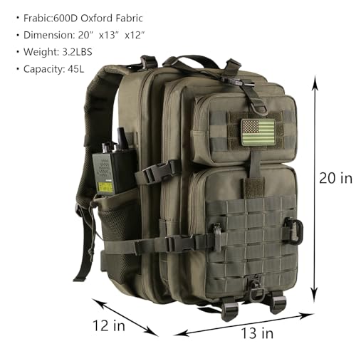 Hannibal Tactical 45L MOLLE Assault Backpack, Tactical Backpack Military Army Camping Rucksack with Bottle Holder, 3-Day Pack Trip w/USA Flag Patch, D-Rings, Olive - color: Olive, size: 45L
