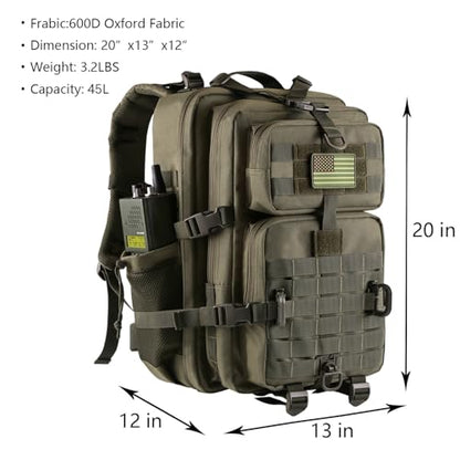 Hannibal Tactical 45L MOLLE Assault Backpack, Tactical Backpack Military Army Camping Rucksack with Bottle Holder, 3-Day Pack Trip w/USA Flag Patch, D-Rings, Olive - color: Olive, size: 45L