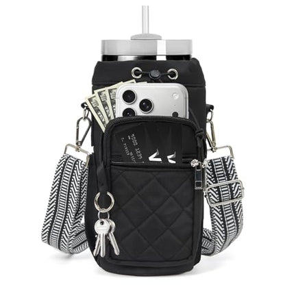 Water Bottle Holder with Strap, 32oz 40oz Insulated Water Bottle Carrier Bag, Purse Crossbody Sling Bag with Phone Pocket for Walking Hiking - color: black