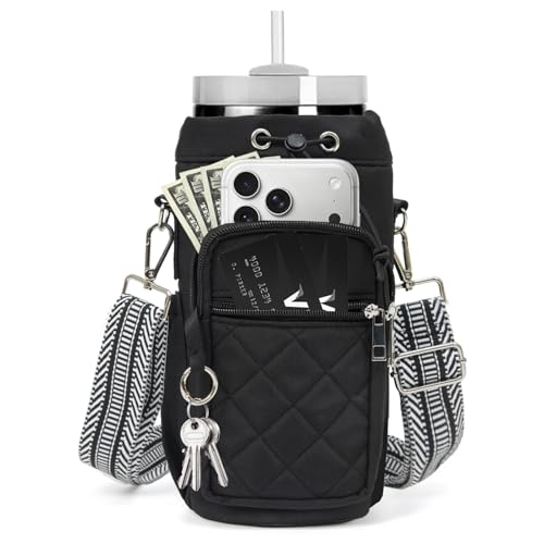 Water Bottle Holder with Strap, 32oz 40oz Insulated Water Bottle Carrier Bag, Purse Crossbody Sling Bag with Phone Pocket for Walking Hiking - color: black