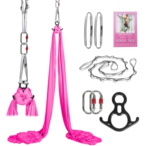 Aerial Silks Kit & Aerial Yoga Hammock - 11Yd Premium Fabric with Hardware - Easy Setup for Flying Yoga, Aerial Swing & Fitness - Supports Up to 14ft Rigging - color: Hot Pink