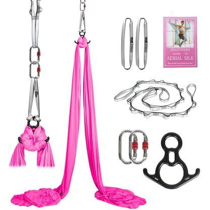 Aerial Silks Kit & Aerial Yoga Hammock - 11Yd Premium Fabric with Hardware - Easy Setup for Flying Yoga, Aerial Swing & Fitness - Supports Up to 14ft Rigging - color: Hot Pink