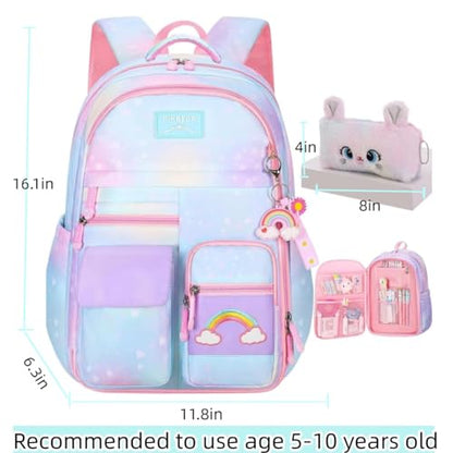 Girls Backpack, School Backpacks Rainbow,Kawaii Kids Backpack,Book Bag for Elementary Primary School With Pen Bag - color: Blue