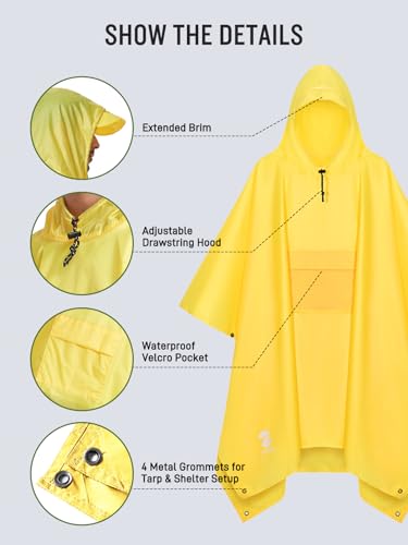 SaphiRose Extra Thick Hooded Rain Poncho Double Layer Waterproof Raincoat Jacket for Men Women Adults - color: Yellow