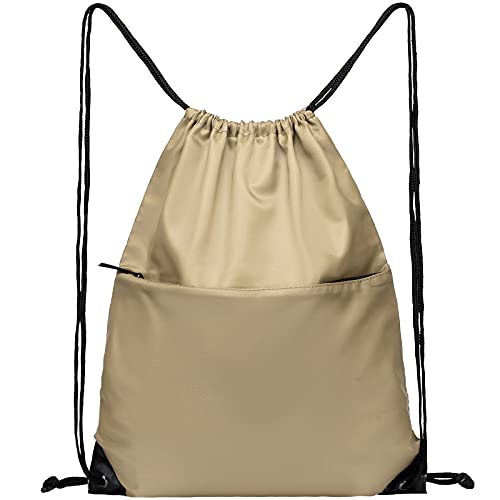 Drawstring Backpack Sports Water Resistant String Bag Sport Gym Sackpack for Women Men Large with Zipper, Khaki - color: Khaki
