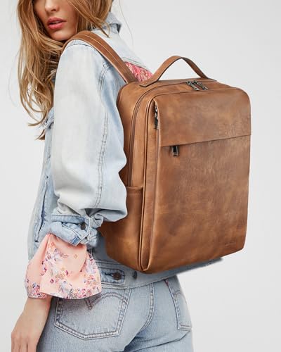 MASINTOR 15.6 inch PU Leather Laptop Backpack Purse for Women, Large College Casual Backpack Travel Bag Mocha Brown - color: Mocha Brown