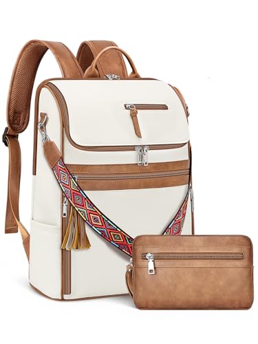 SYTRAH Leather Laptop Backpack for Women Designer Laptop Bag, 16.5 inch Travel Computer Backpacks Purse with Tassel for Work Business with Satchel Purse Beige Brown - color: Beige Brown