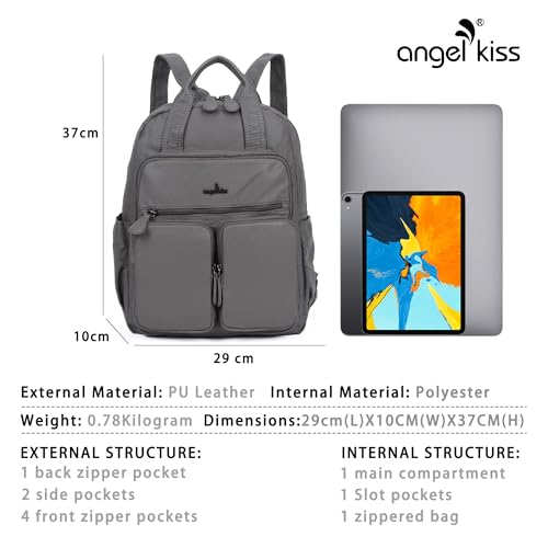 Angel Kiss Backpack Purse for Women Soft Washed Leather Multi Pocket Casual Travel Backpacks… - color: Grey