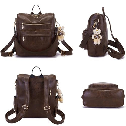 Soperwillton Women Backpack Purse Multipurpose Design Handbags Shoulder Bag PU Leather Travel bag Backpack Set 2pcs - color: Darkcamel