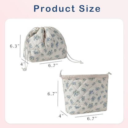 Cotton Quilted Drawstring Makeup Bag with Canvas Lining,Coquette Aesthetic Cute Travel Toiletry Bag,Drawstring Gift Bag for Women and Girls（11Blue Flower） - color: 11Blue Flower