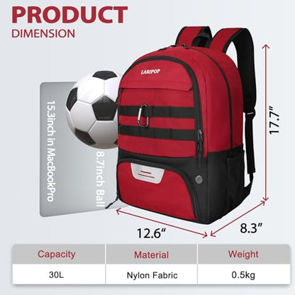 LARIPOP Soccer Backpack with Ball Holder & Shoe Compartment Large Capacity Sports Bag for Training - color: Dark red