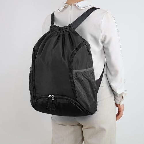 Valleycomfy Sports Gym Bag Drawstring Backpack with Shoes Basketball Bag and Two Water Bottle Holder,Black - color: Black