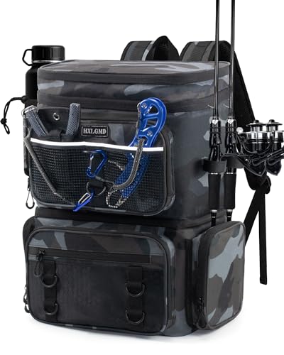 HXLGMD Fishing Backpack with Rod Holders, Double Layer Large Water-resistant Tackle Bag Store Gear with Cooler, Khaki - color: Khaki Camouflage