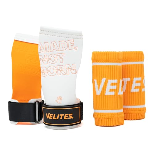 Velites - Official Games Quad Pro Grips - with Chalk - Wristbands Included - Pull-ups, Muscle-ups, and Toes-to-bar - color: Orange, size: X-Large