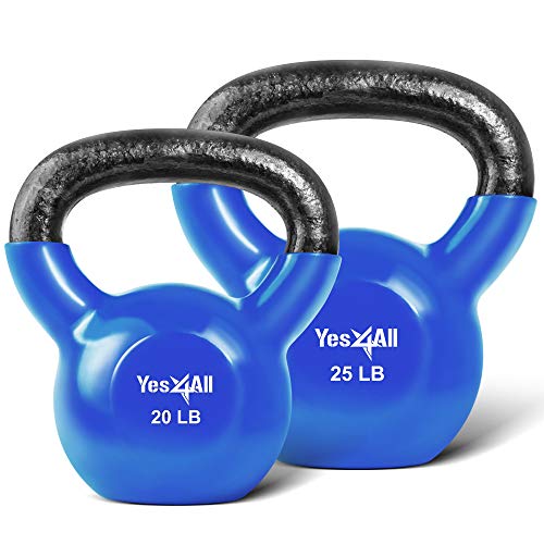 Yes4All Kettlebell, Vinyl Coated Kettlebell Cast Iron Sets with Stable Flat Bottom for Full Body Workout, Push up, Grip Strength Training & Weights Exercises - color: Blue, style: 20 - 25lb