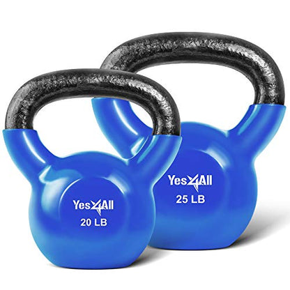Yes4All Kettlebell, Vinyl Coated Kettlebell Cast Iron Sets with Stable Flat Bottom for Full Body Workout, Push up, Grip Strength Training & Weights Exercises - color: Blue, style: 20 - 25lb