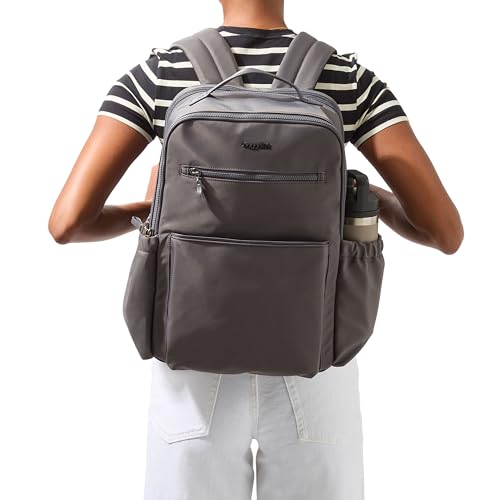 Baggallini Tribeca Expandable Laptop Backpack - 15"x11" Lightweight RFID Computer Bag for Work & Travel with Luggage Sleeve - color: Sage Twill