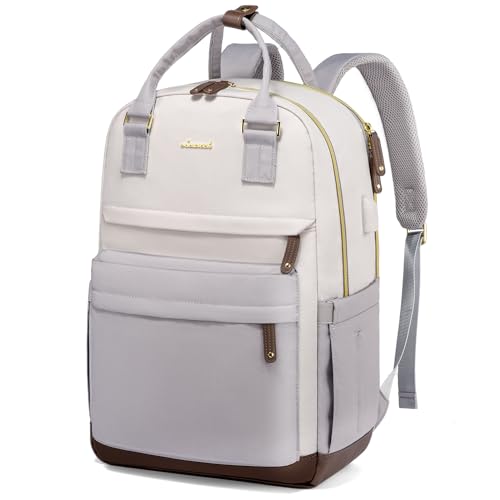 LOVEVOOK Travel Laptop Backpack Women, 17.3 Inch Anti-theft Laptop Bag with USB Port, Fashion Waterproof Computer Backpacks Teacher Nurse Backpack Purse for College School Work - color: Beige-grey, size: 17.3 Inch