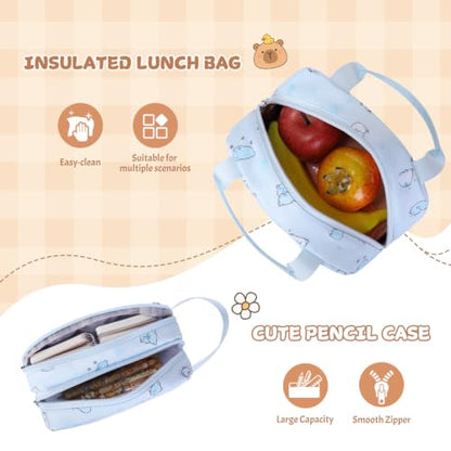 Capybara Theme Backpack for School Girls, 35PCS Kids Backpack Set with School Supplies Stationery Kit Lunch Box Pencil Case, Cute Girls Bookbag for Kindergarten Elementary Student - color: Blue