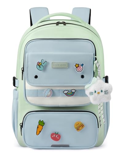 LOVEVOOK School Backpack for Teen Girl, Cute Bookbag with Large Bottle Holder, Lightweight Elementary Middle High School Student Backpack Fits 15.6 Inch Laptop, Back to Schools Kid Gift, Blue-Mint - color: Sky Blue - Mint - Cream, size: 15.6 Inch