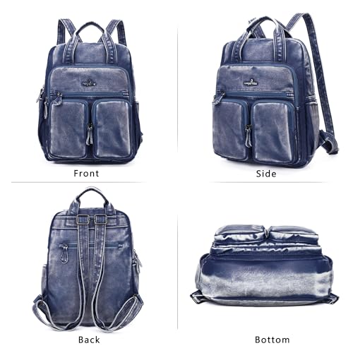 Angel Kiss Backpack Purse for Women Soft Washed Leather Multi Pocket Casual Travel Backpacks… - color: Navy-blue