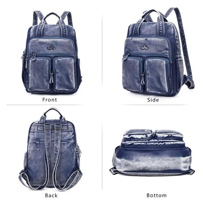 Angel Kiss Backpack Purse for Women Soft Washed Leather Multi Pocket Casual Travel Backpacks… - color: Navy-blue