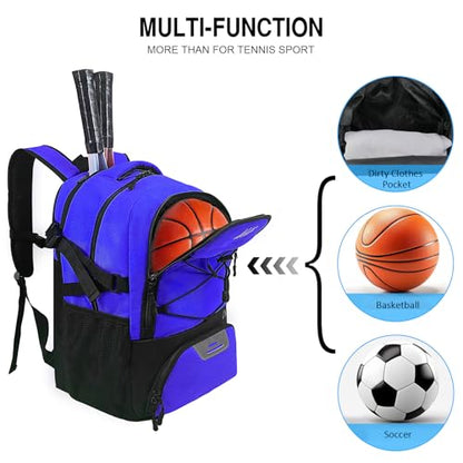 WOLT Tennis Bag - Large Tennis Racket Backpack for Men & Women - Ventilated Shoe Compartment - Holds 2 Rackets - color: Blue