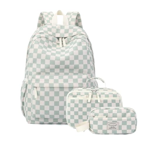Tanweibago Backpack for Girls Boy Teen Corduroy Bookbags Elementary Middle High School with Lunch Box Pencil Bag (Chessboard Green) - color: Chessboard Green