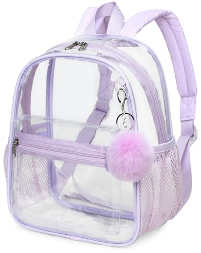 BTOOP Clear Mini Backpack for Stadium Events 12x12x6 Small Transparent Backpacks Plastic See Through Clear Bag for Concerts Work Festival Security Travel Purple - color: Purple With Pom-pom Keychain, size: 12'' H-Mini