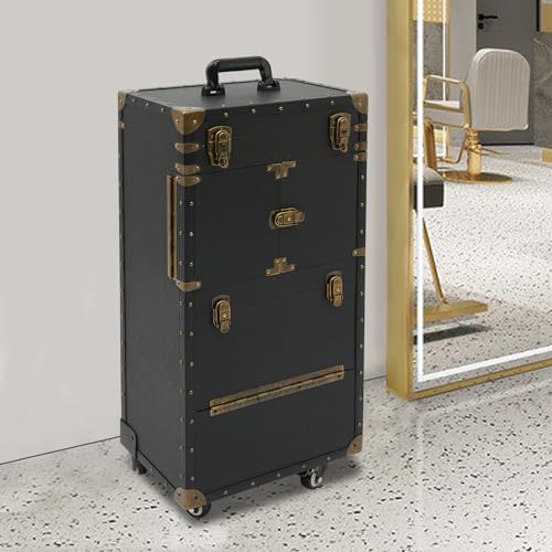 Cosmetic Train Case,Rolling Makeup Train Case,Travel Stylist Case Lockable Hairdressing Trolley,Professional Makeup Case for Make-up Artists - color: Black+Gold