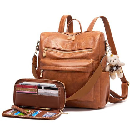 Soperwillton Women Backpack Purse Multipurpose Design Handbags Shoulder Bag PU Leather Travel bag Backpack Set 2pcs - color: Brown