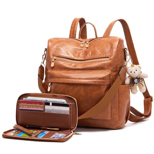 Soperwillton Women Backpack Purse Multipurpose Design Handbags Shoulder Bag PU Leather Travel bag Backpack Set 2pcs - color: Brown