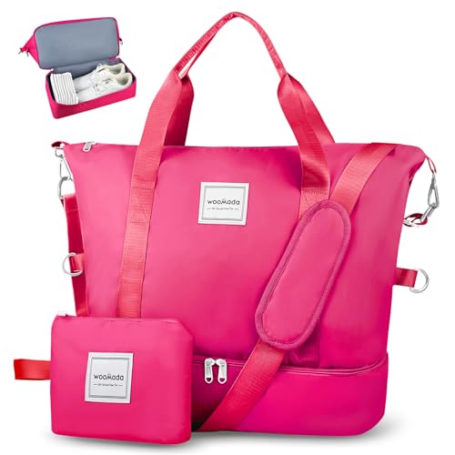 WOOMADA Weekender Bag for Women, Travel Duffel Bags with Shoe Compartment & Wet Pocket, Personal Item Bag for Airlines - color: Hot Pink