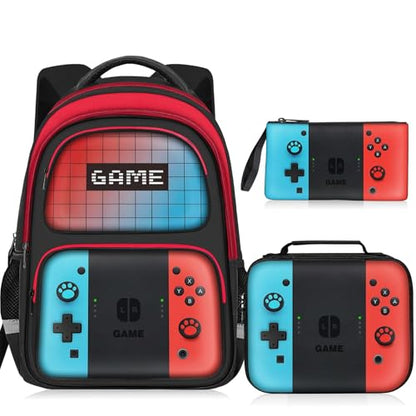 Kids Backpack For Boys，Gamer Boys Backpack For Children Teens Elementary Middle School, 17″ Students Bookbag - color: Backpack Set-sw-red & Blue