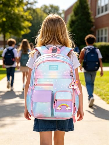 Girls Backpack, School Backpacks Rainbow,Kawaii Kids Backpack,Book Bag for Elementary Primary School With Pen Bag - color: Blue