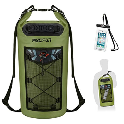 Piscifun Dry Bag, Waterproof Floating Backpack 10L/20L/30L/40L with Waterproof Phone Case for Boating, Kayaking, Fishing - color: Army Green, style: 40l