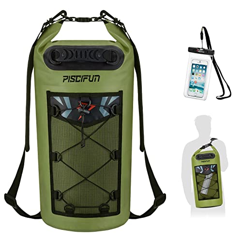 Piscifun Dry Bag, Waterproof Floating Backpack 10L/20L/30L/40L with Waterproof Phone Case for Boating, Kayaking, Fishing - color: Army Green, style: 40l